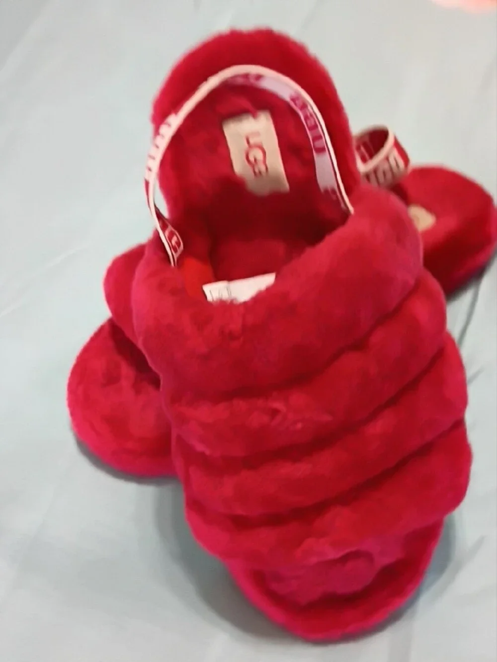 UGG Red Plush Slide Sandal with Branded Heel Strap